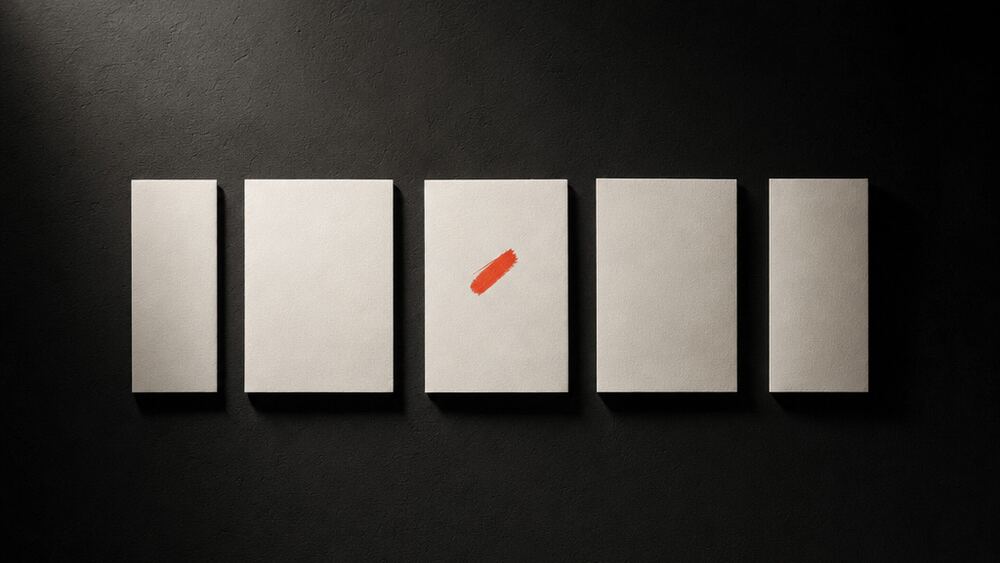 A row of five identical blank white rectangles on a dark surface, each cropped slightly differently, the centre one marked in red.