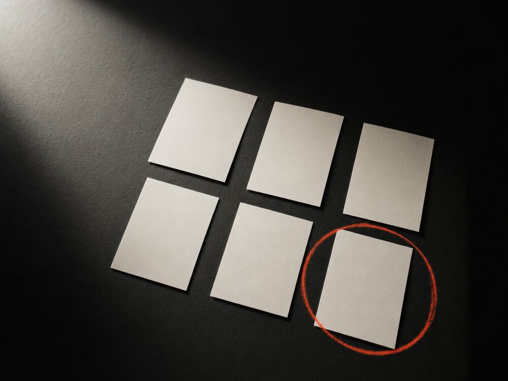 Six identical blank rectangles cropped and rotated differently, one circled in orange grease pencil.